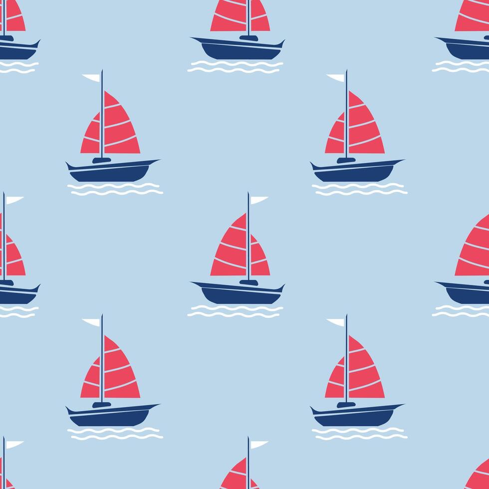 Sea seamless pattern with hand drawn sailing boat vector