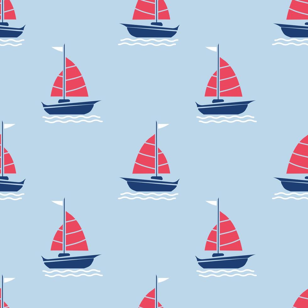 Sea seamless pattern with hand drawn sailing boat vector