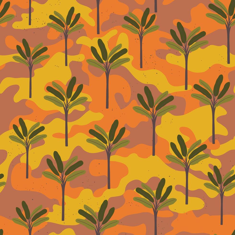 Palm tree seamless pattern on vibrant retro camouflage background vector