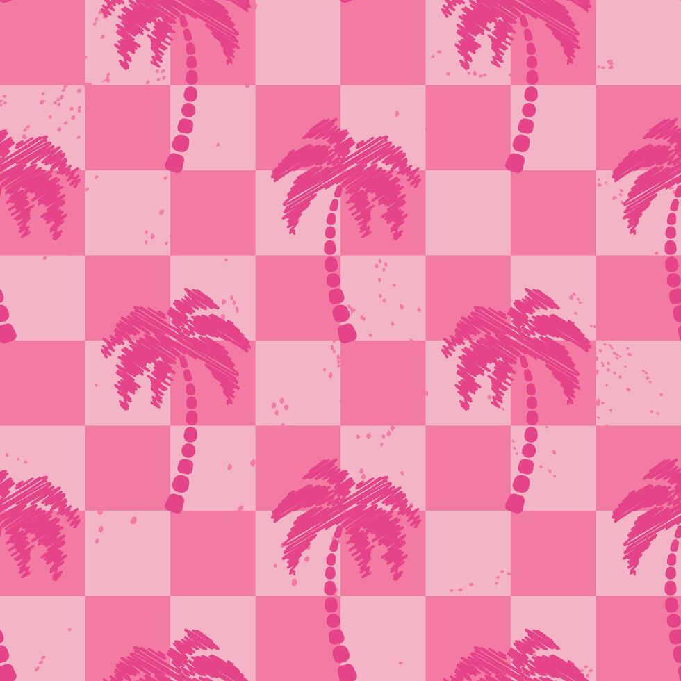 Scribble palm tree seamless pattern on retro checkered background vector