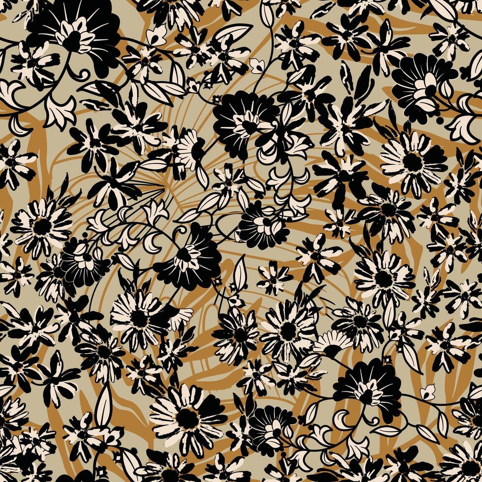 Vintage hand drawn wild flower and leaf seamless pattern background vector