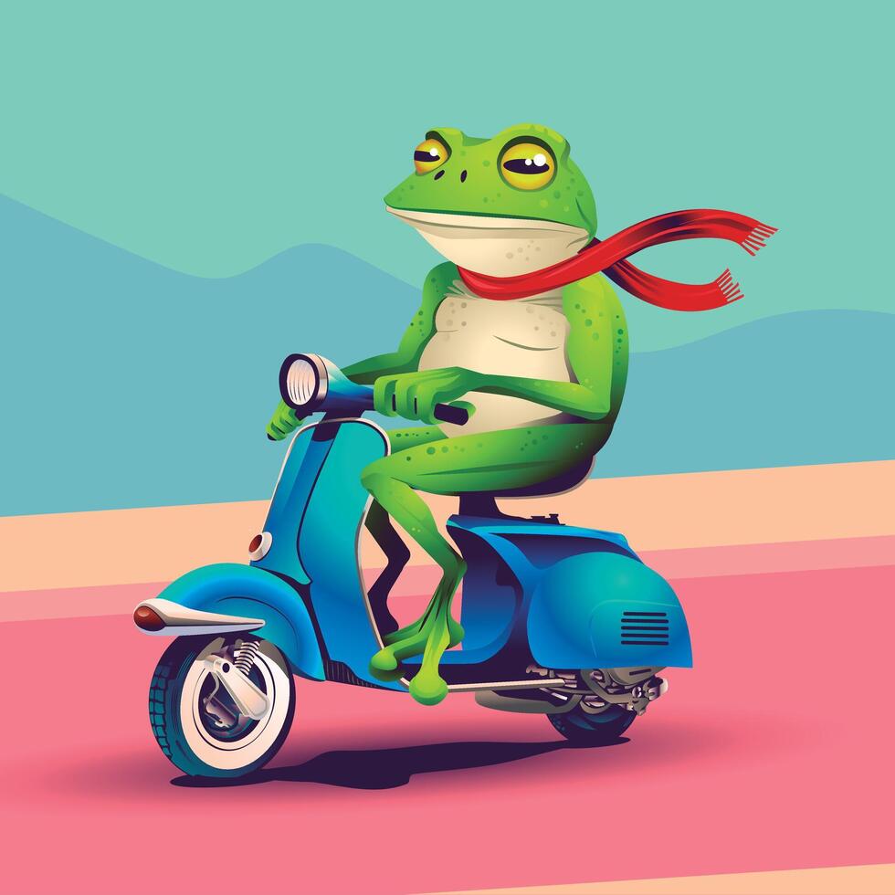 rana en un azul scooter. vector ilustración. gracioso linda dibujos animados.