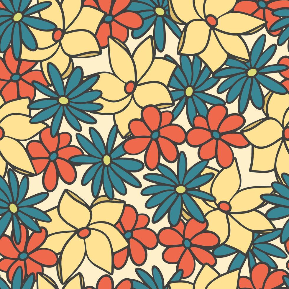 Retro Vintage Bright Colorful Flowers, Floral Hand Drawn Seamless Pattern vector