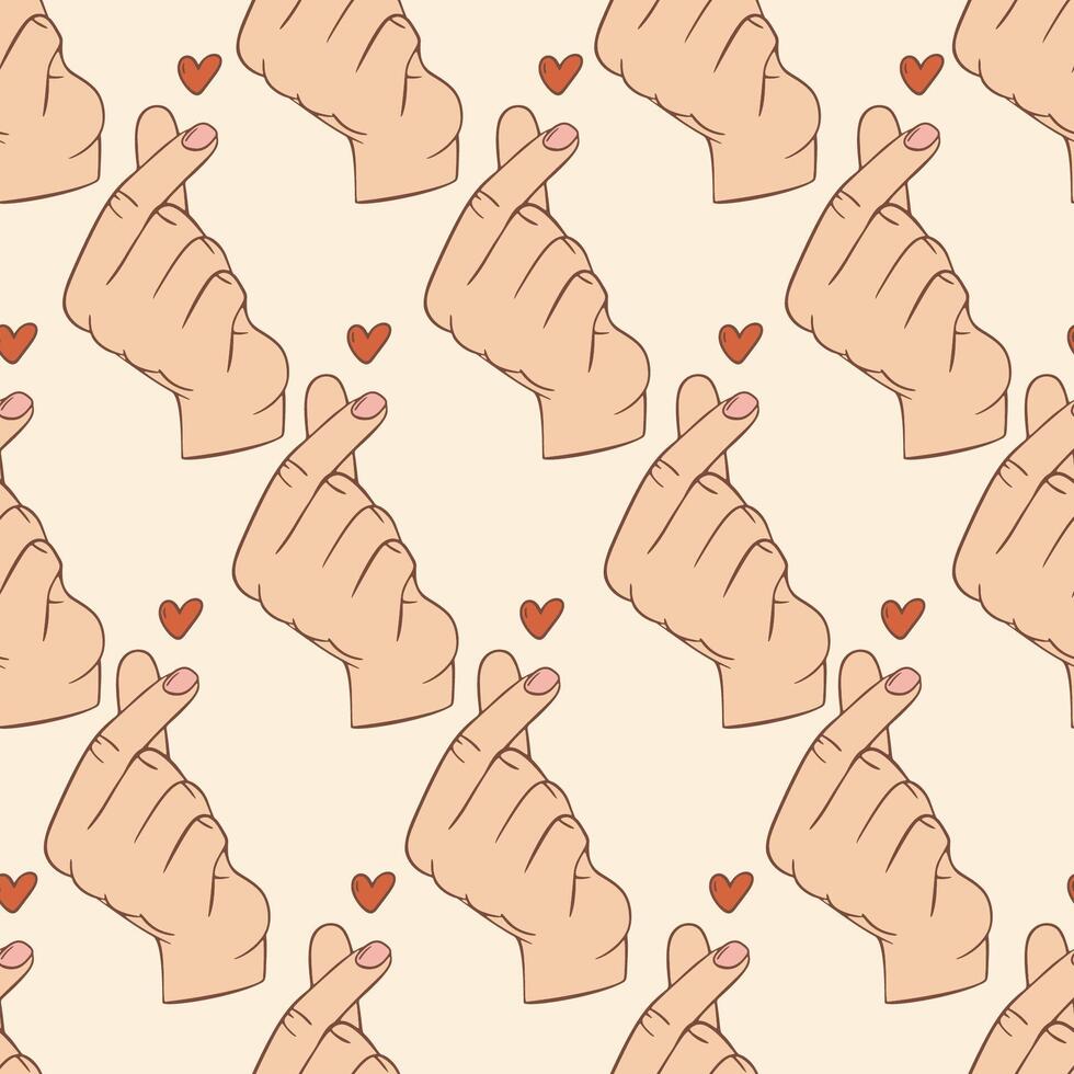 Hand make heart sign. Finger Heart, Hand Drawn Seamless Pattern vector