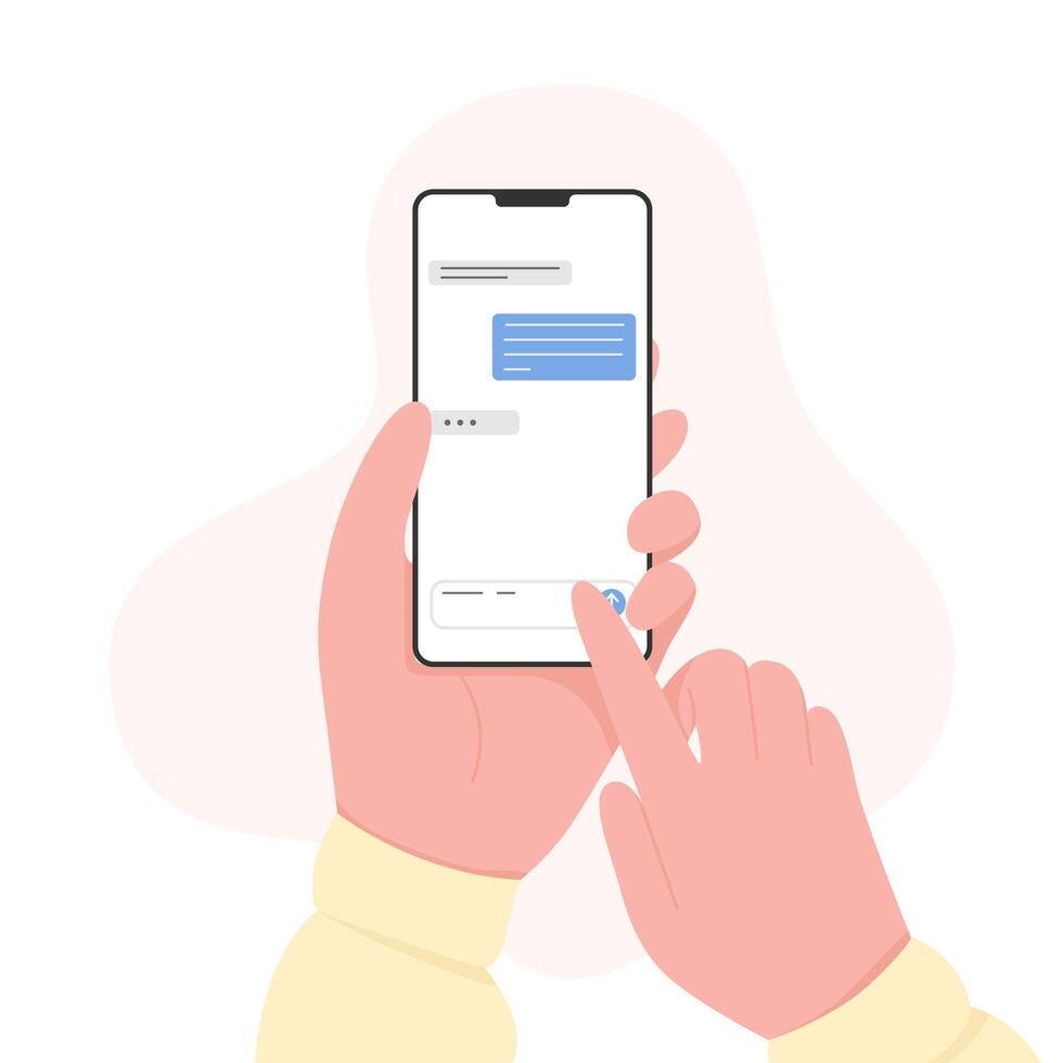 Flat Design, Hands with Phone Modern Illustration, Vector Concept Cartoon Chat, Messaging