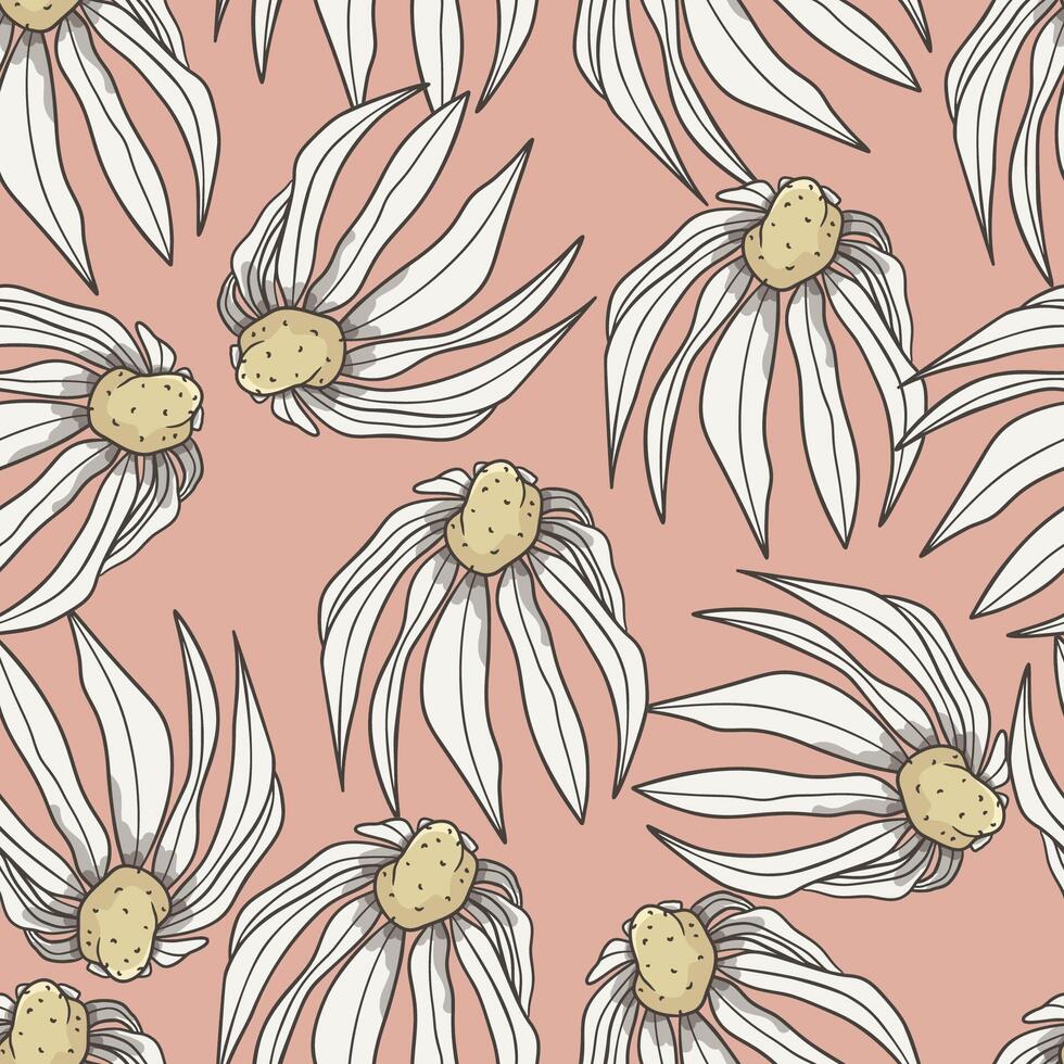 Chamomile Daisy Flower, Retro Sketch Hand Drawn Floral Seamless Pattern vector