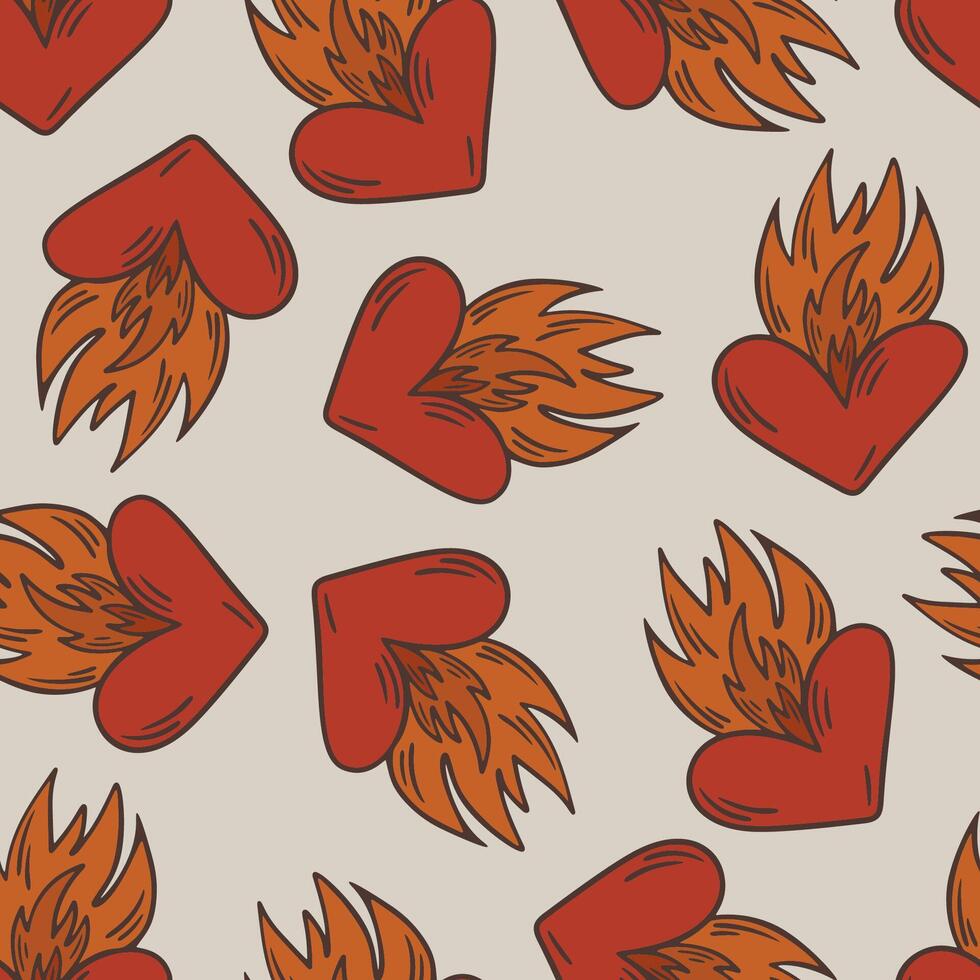 Heart with Fire Vintage Retro Seamless Pattern vector