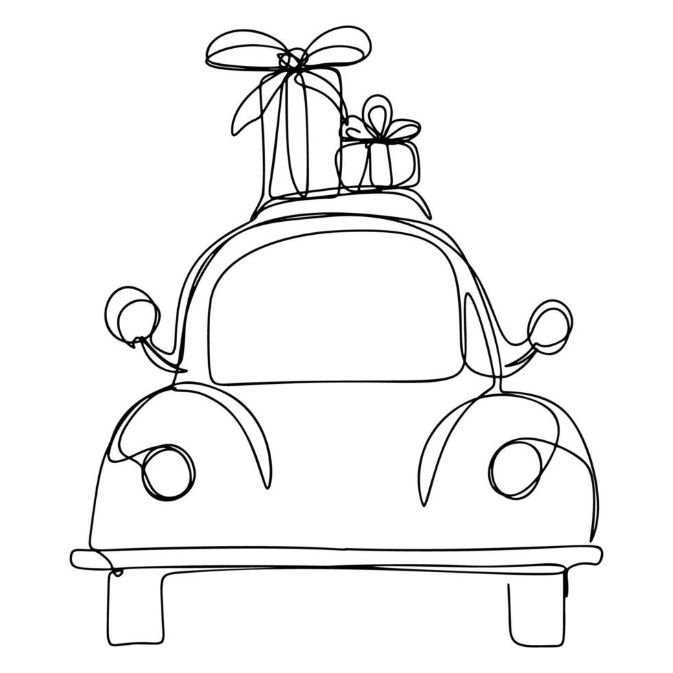 uno línea coche con regalos continuo línea dibujo vector