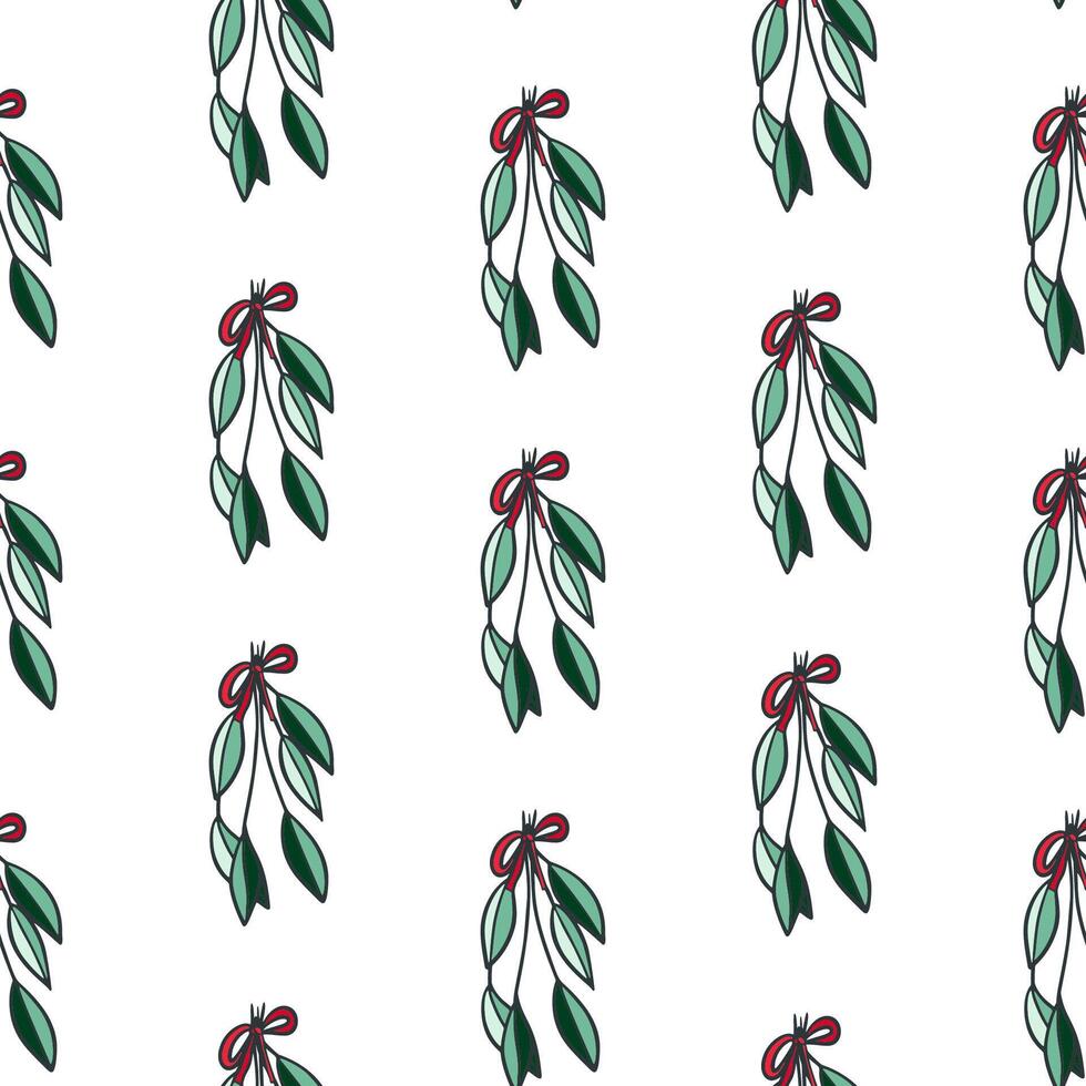 Christmas Winter Branches, Mistletoe, Leaves Doodle with Bow Sketch Hand drawn Seamless Pattern vector