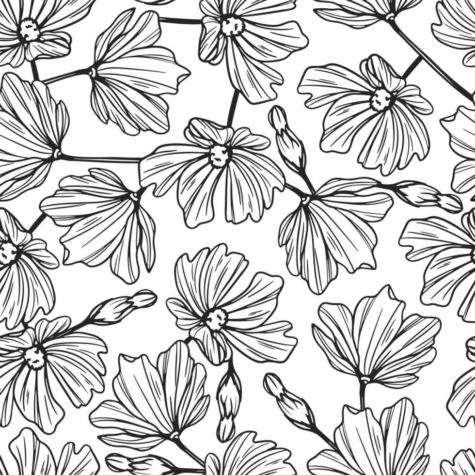 Sketch Flowers, Hand Drawn Doodle Floral Seamless Pattern vector