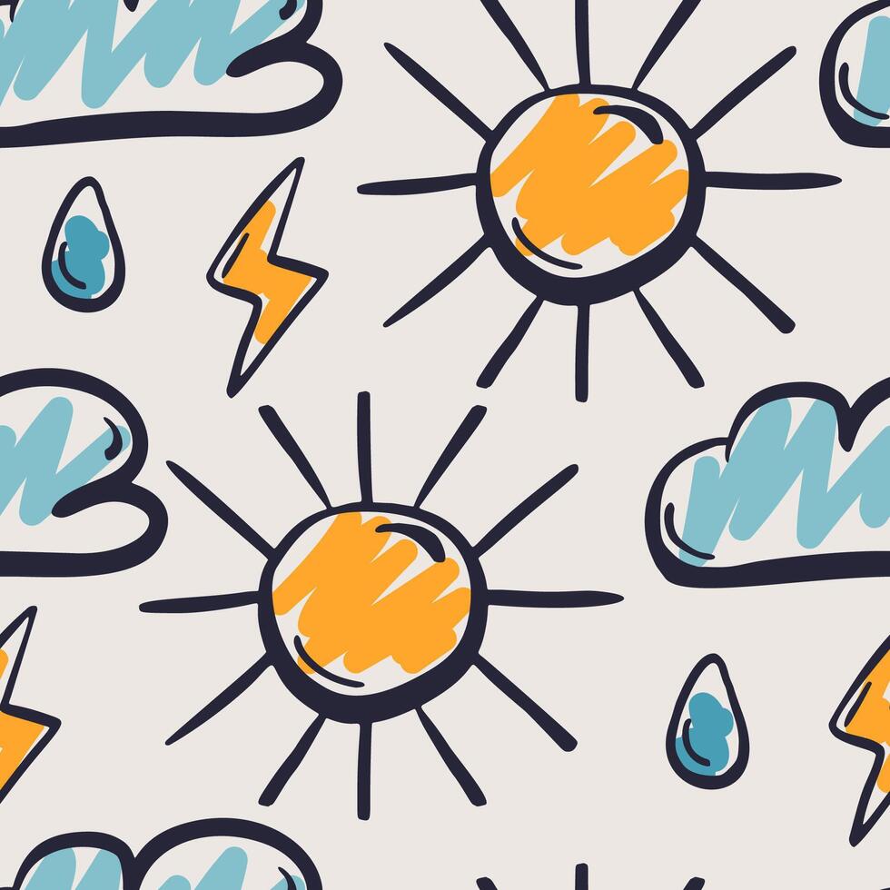 Hand Drawn Doodle Sketch Sun Cloud Kids Seamless Pattern vector