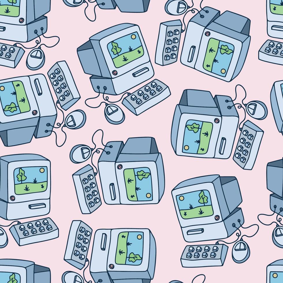 Retro Cute Hand Drawn Computer Seamless Pattern vector