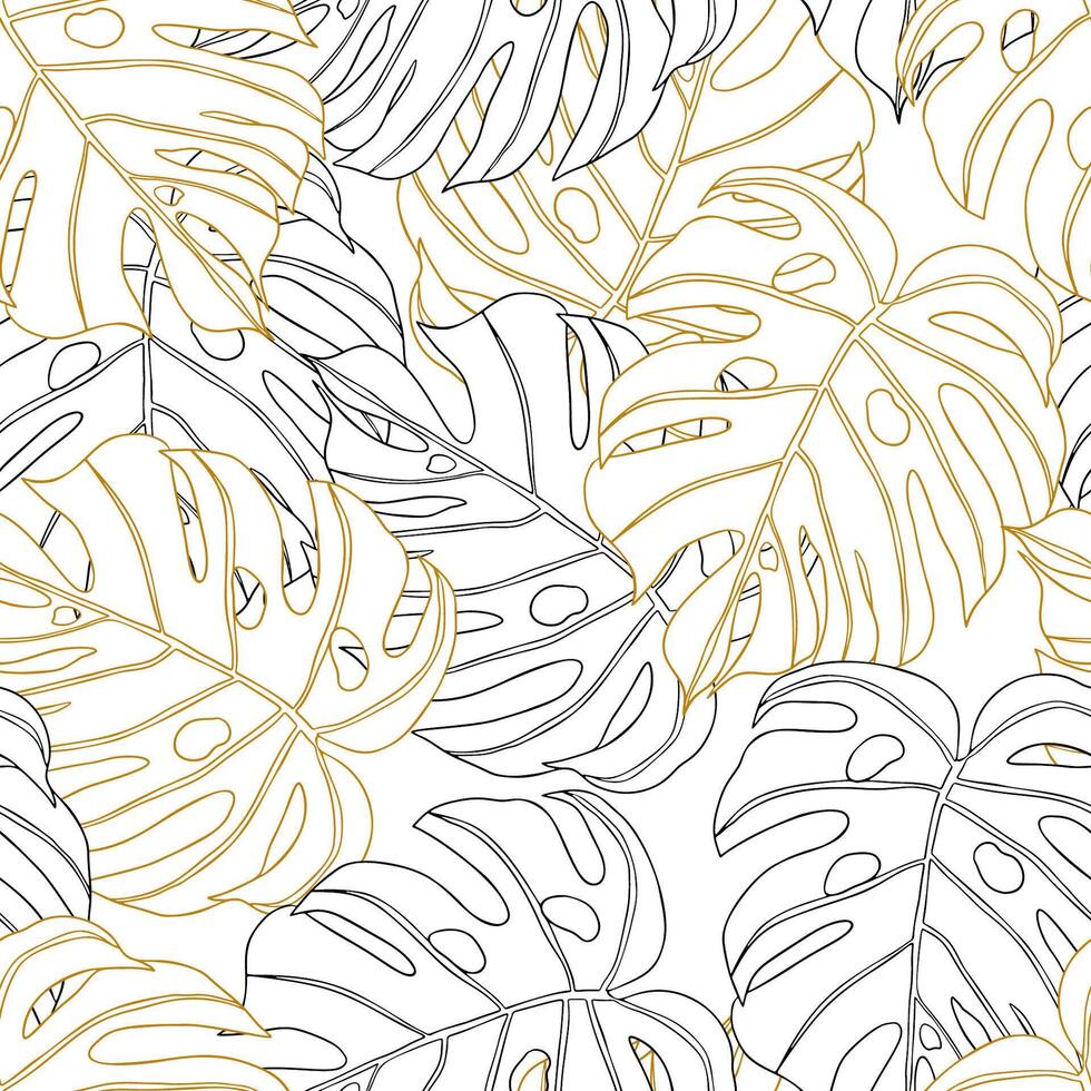 Palm Monstera Leaves gold and black line sketch hand drawn seamless pattern vector