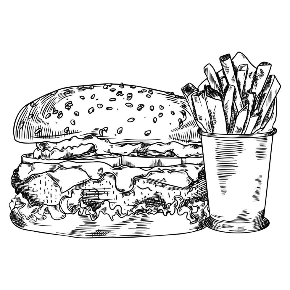 Burger and French Fries Sketch Hand Drawn Illustration vector