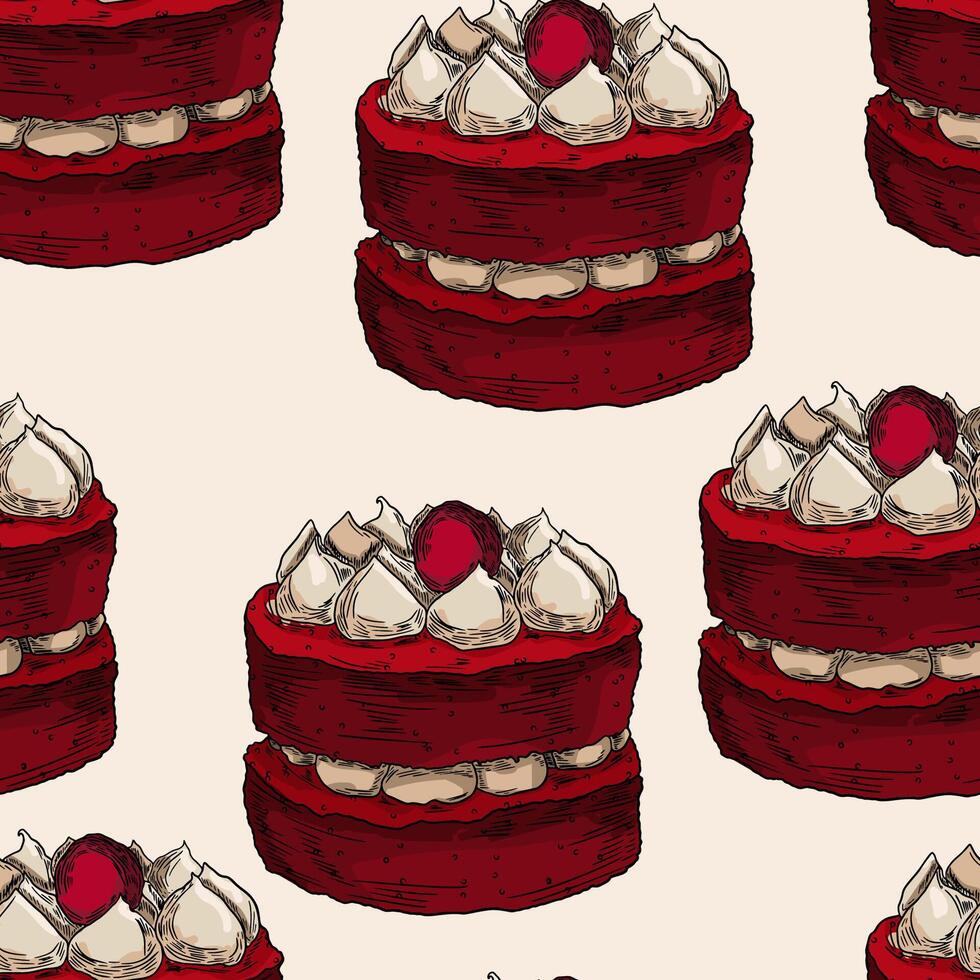 Dessert Cake Red Sketch Hand Drawn Seamless Pattern vector