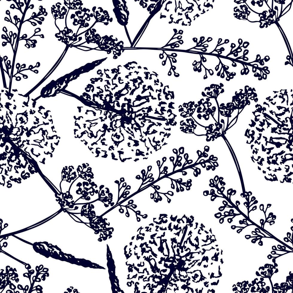 Sketch Wild Flowers, Hand Drawn Doodle Floral Seamless Pattern vector