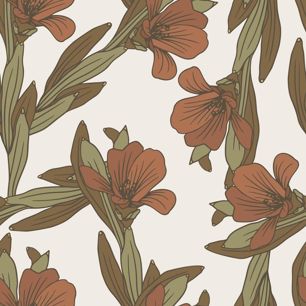 Vintage Floral Background, Hand Drawn Retro Flower Seamless Pattern vector