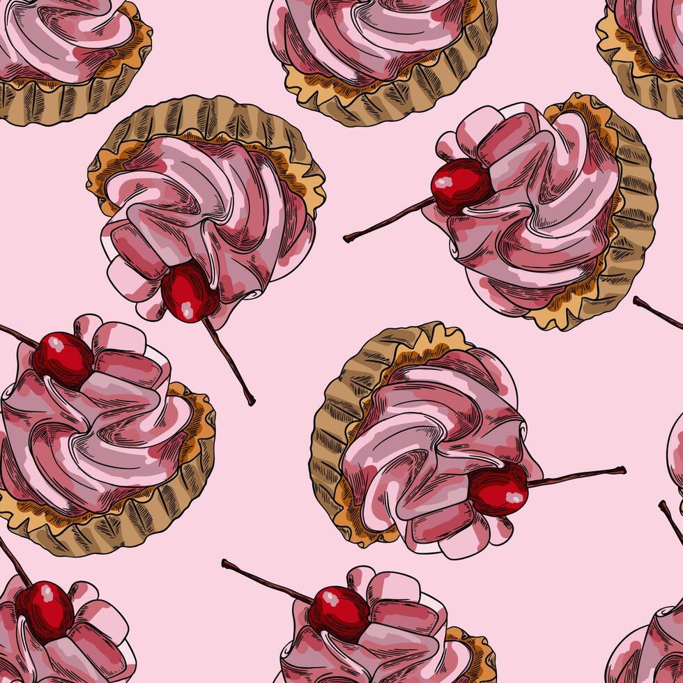 Sweet Dessert with Cream and Cherry Sketch Hand Drawn Seamless Pattern vector