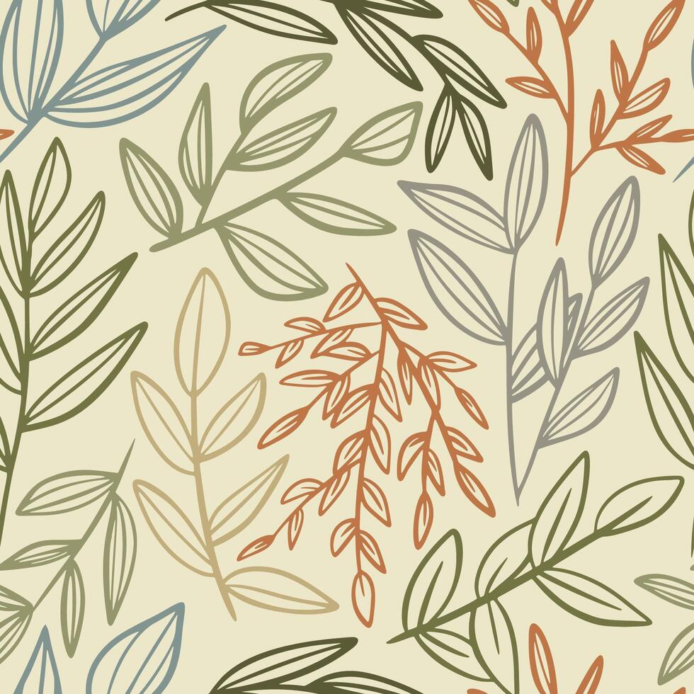 Boho Leaves and Branches Line Sketch Seamless Pattern vector