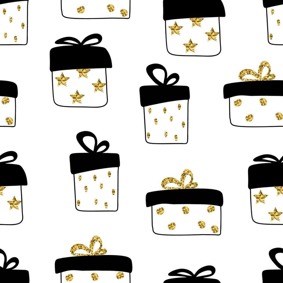 Sketch Doodle Gift Boxes Black and Gol Glitter Seamless Pattern vector