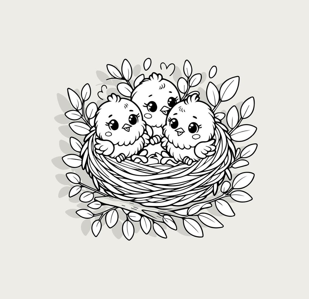 Three happy chicks nestled together in nest logo for children books, educational materials, spring-themed crafts. Simple line art for easy coloring activities. Vector illustration.