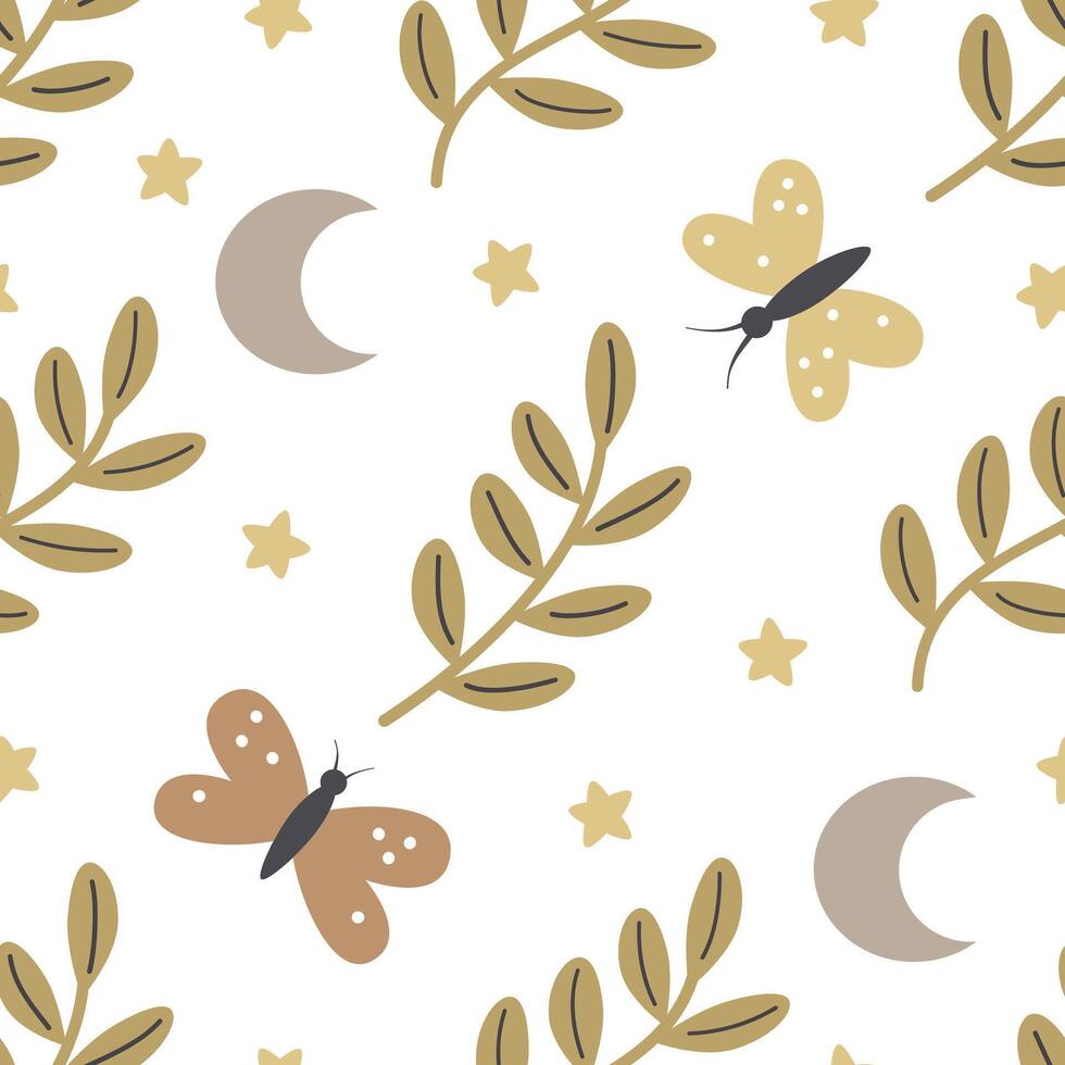Seamless pattern with cartoon twigs, butterfly, decor elements. colorful vector. hand drawing. ornament, flat style. design for fabric, print, textile, wrapper vector