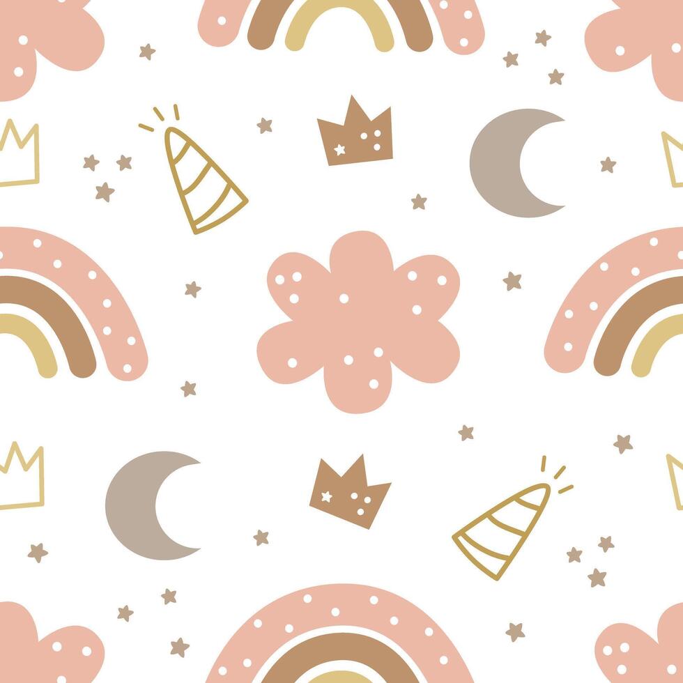 seamless pattern with cartoon cloud, rainbow, decor elements. Colorful vector flat style for kids. Space. hand drawing. baby design for fabric, print, wrapper, textile