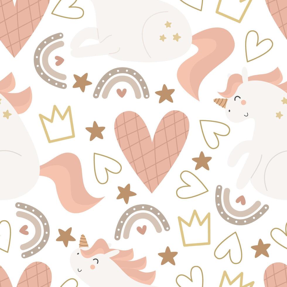 seamless pattern with cartoon unicorns, crown,  decor element. Magic. Colorful vector flat style for kids. Animals. hand drawing. baby design for fabric, print, wrapper