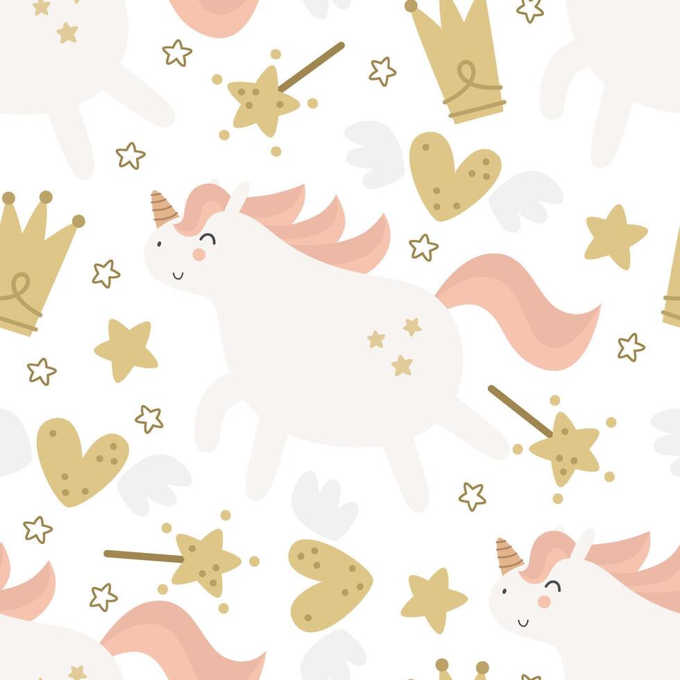 seamless pattern with cartoon unicorns, crown,  decor element. Magic. Colorful vector flat style for kids. Animals. hand drawing. baby design for fabric, print, wrapper