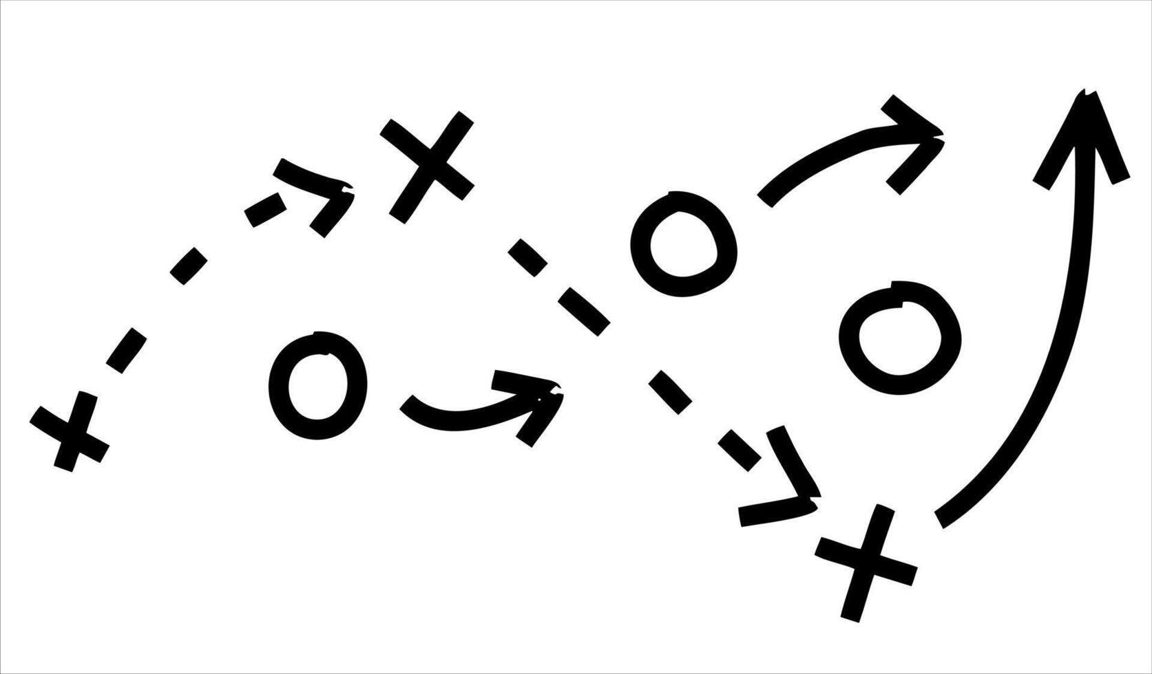 Sports tactics and strategy. Scheme of movement of team player. Combination of crosses and circles with path arrows. Pitch ball instructions. vector