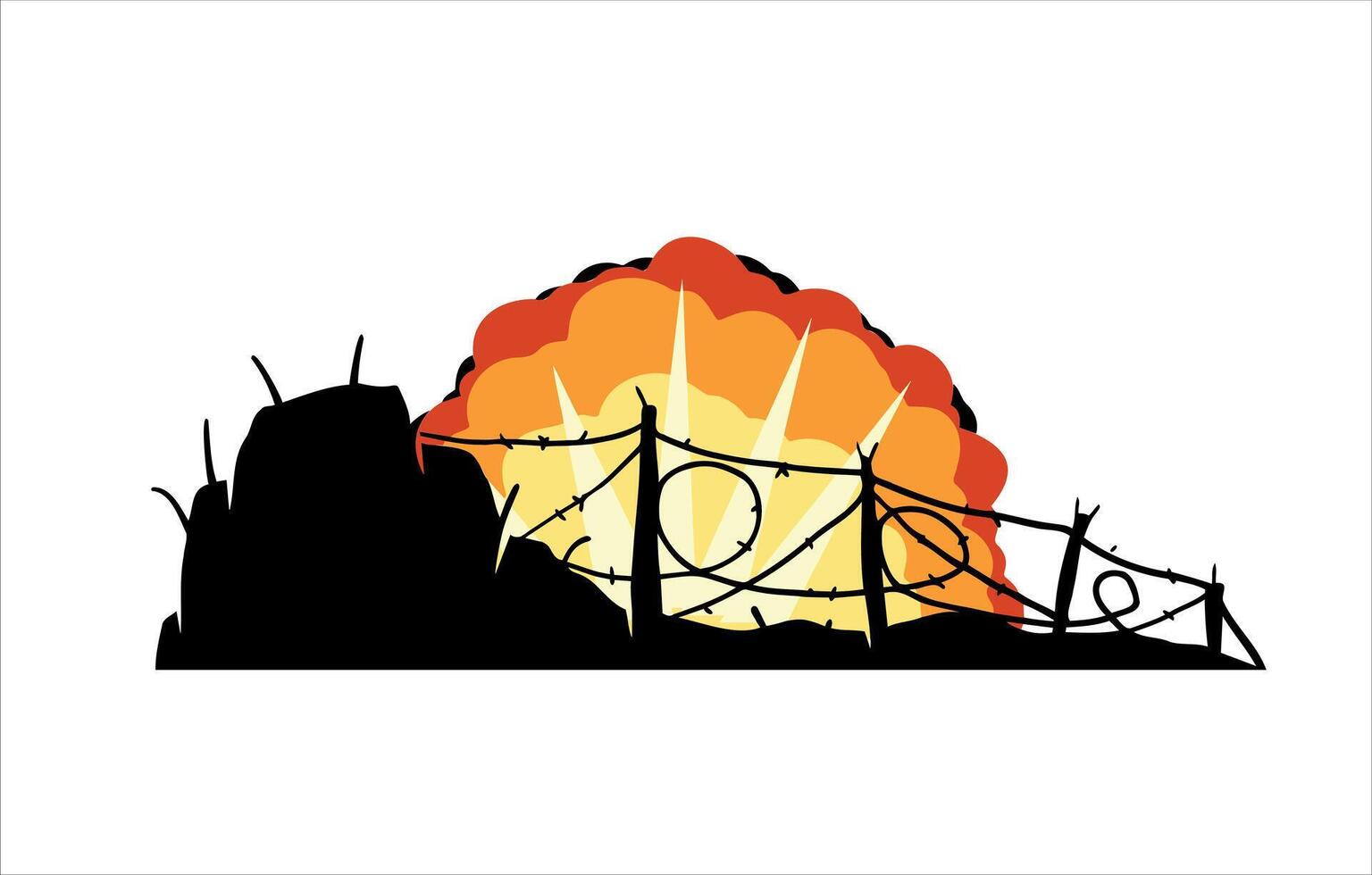 Barbed wire. Scenery of modern military conflict. Comic boom explosion. Big cartoon fireball. Fire bang and exploding. Silhouette of military barricades. Defensive fortifications. vector