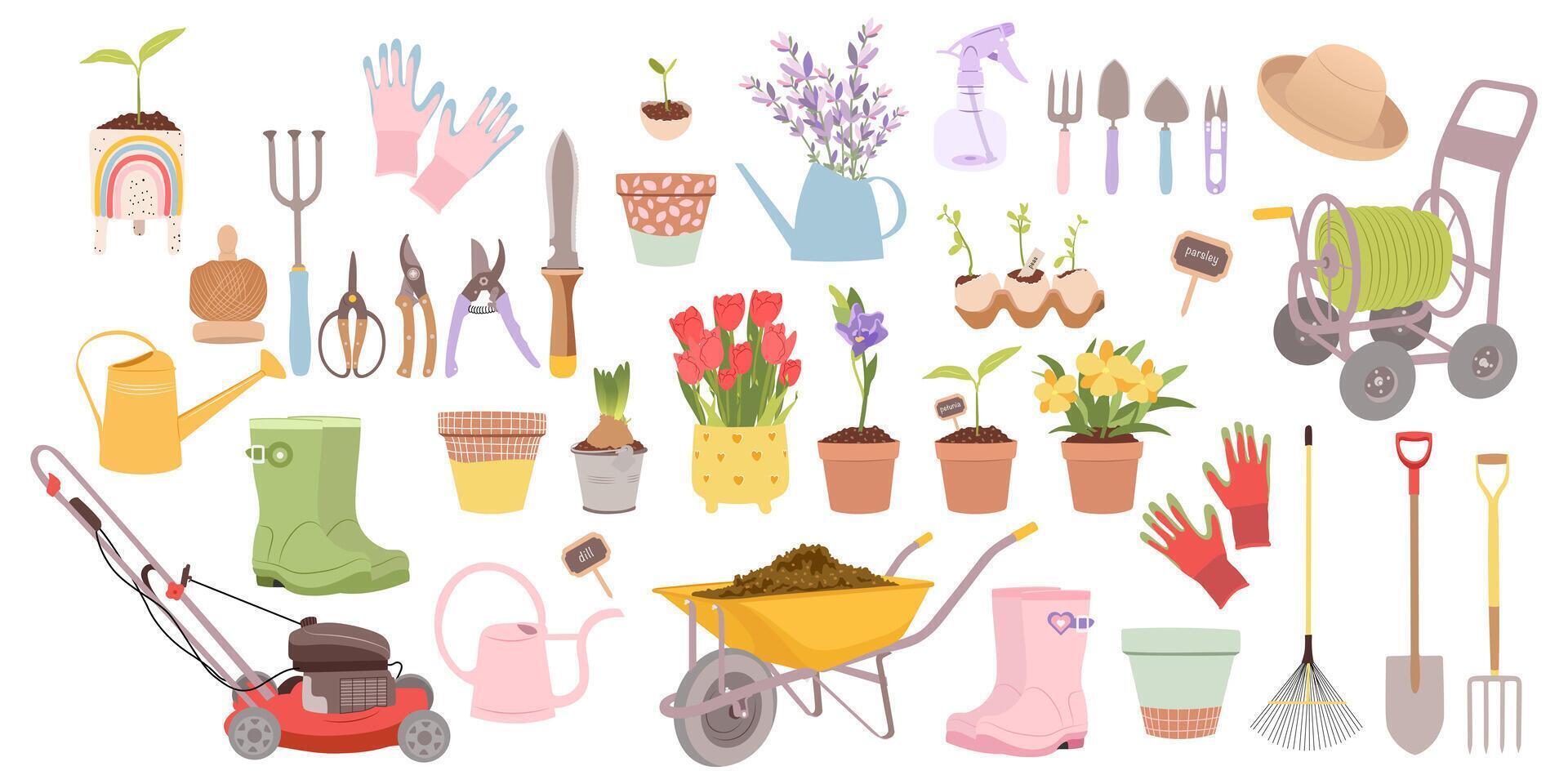 Gardening tools isolated on white background. Set include flowers, seedlings and garden equipment. vector