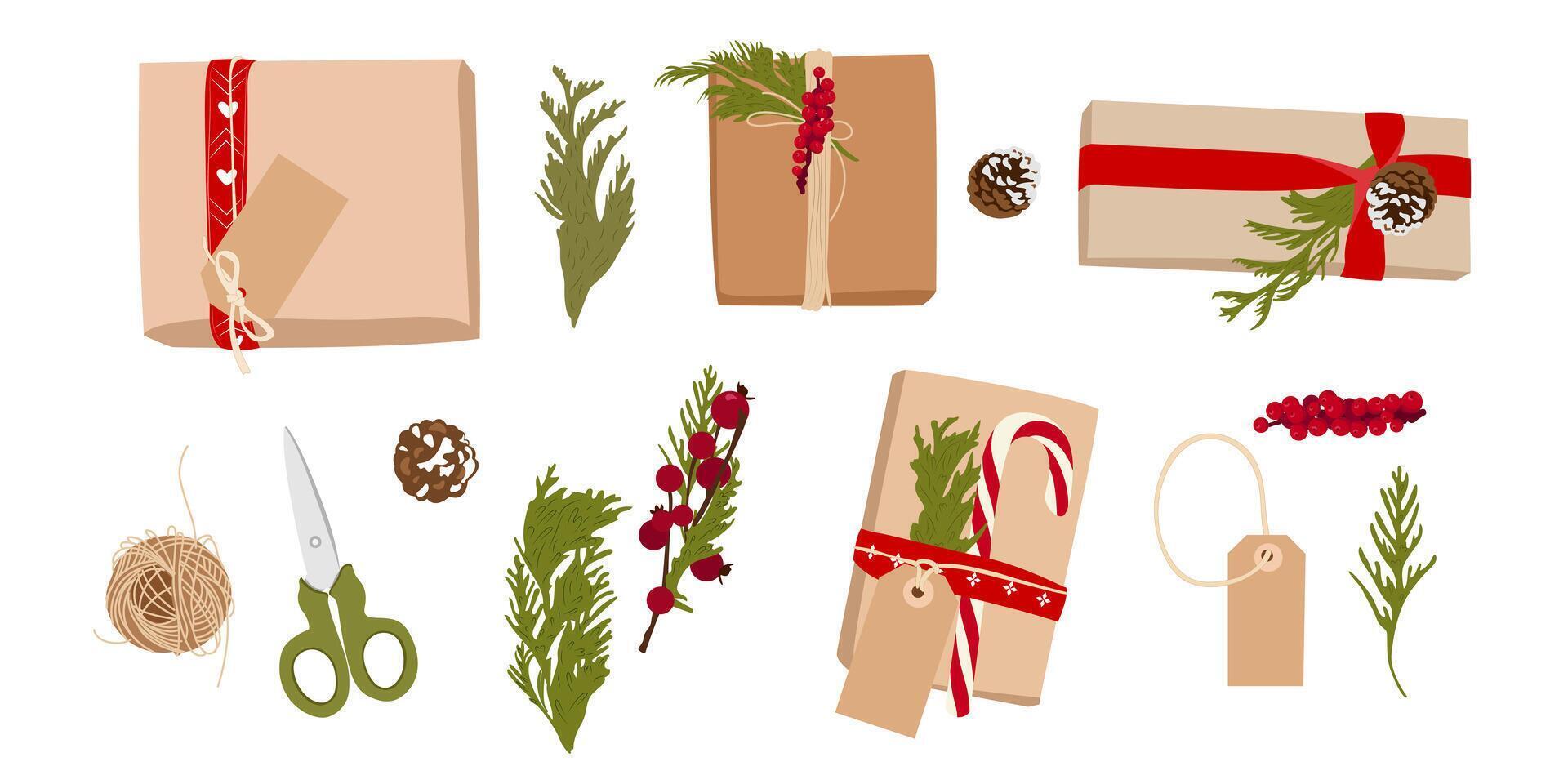 Collection with Christmas box, boxwood sprig and holly. Holiday packing. Flat vector illustration in minimalistic style.