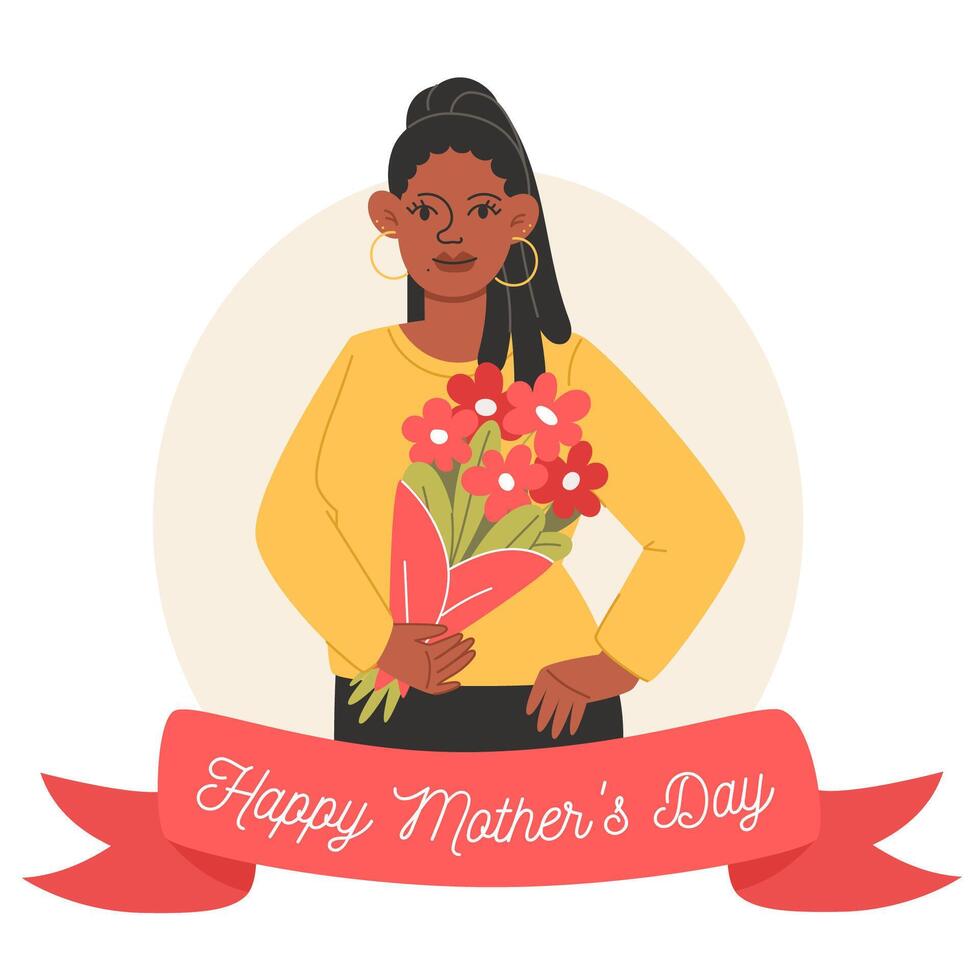 Mother's day card, mother with a bouquet of flowers vector