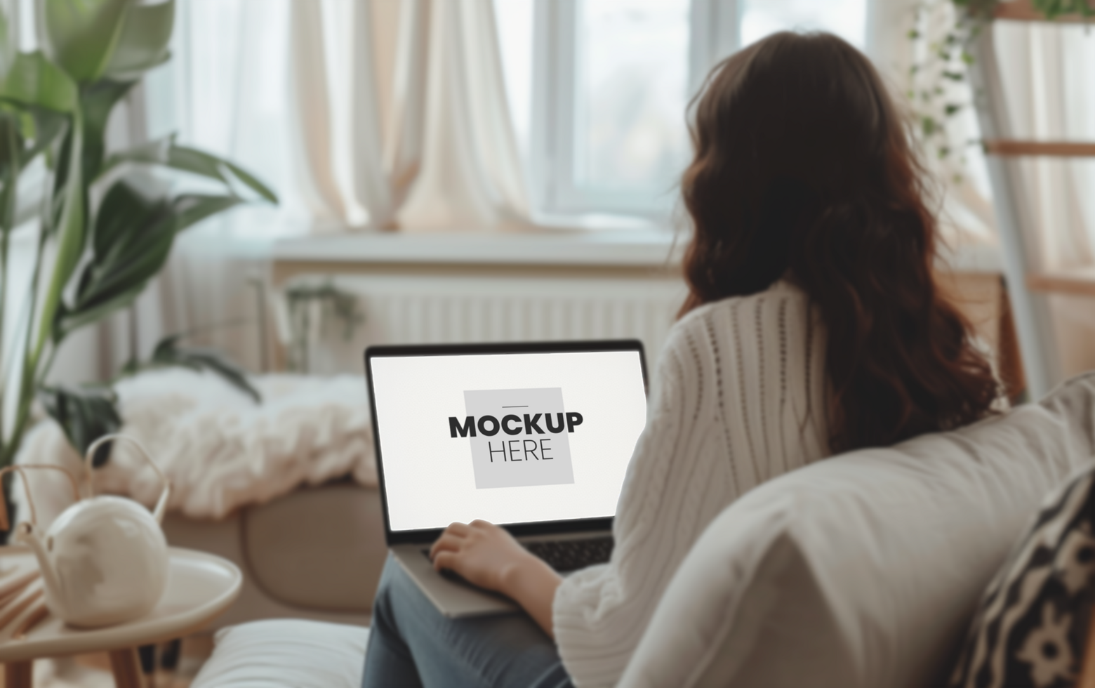 AI generated Businesswoman using laptop premium mockup psd