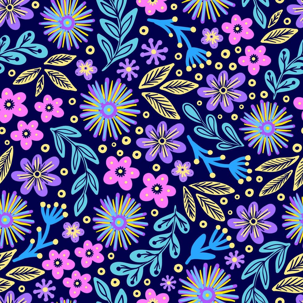 Pattern with hand drawn flowers and leaves. vector