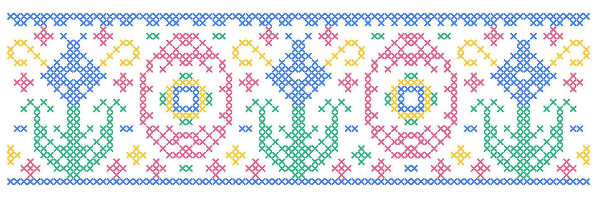 Easter pattern with flowers and Easter eggs in cross stitch style on white background. vector