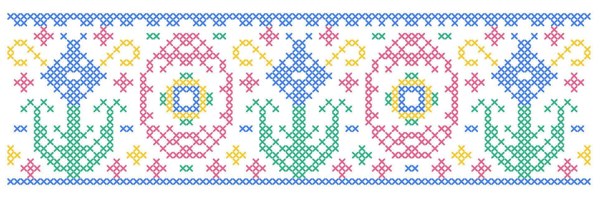 Easter pattern with flowers and Easter eggs in cross stitch style on white background. vector