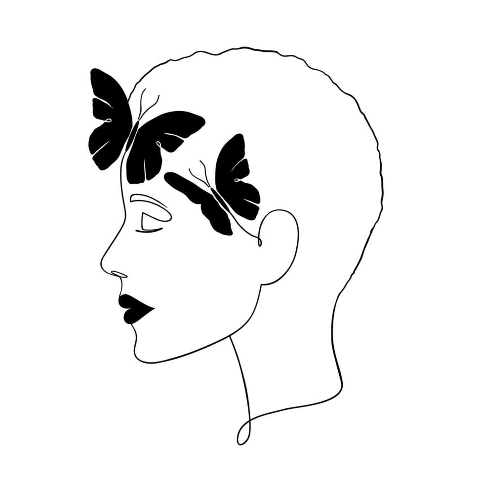 Minimal woman face with butterflies vector