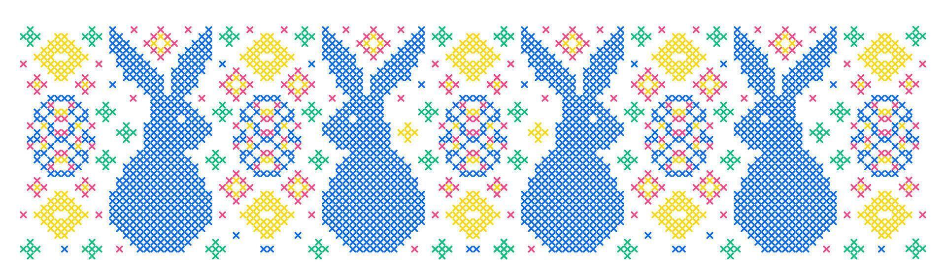 Easter pattern with bunnies and Easter eggs in cross stitch style on white background. vector