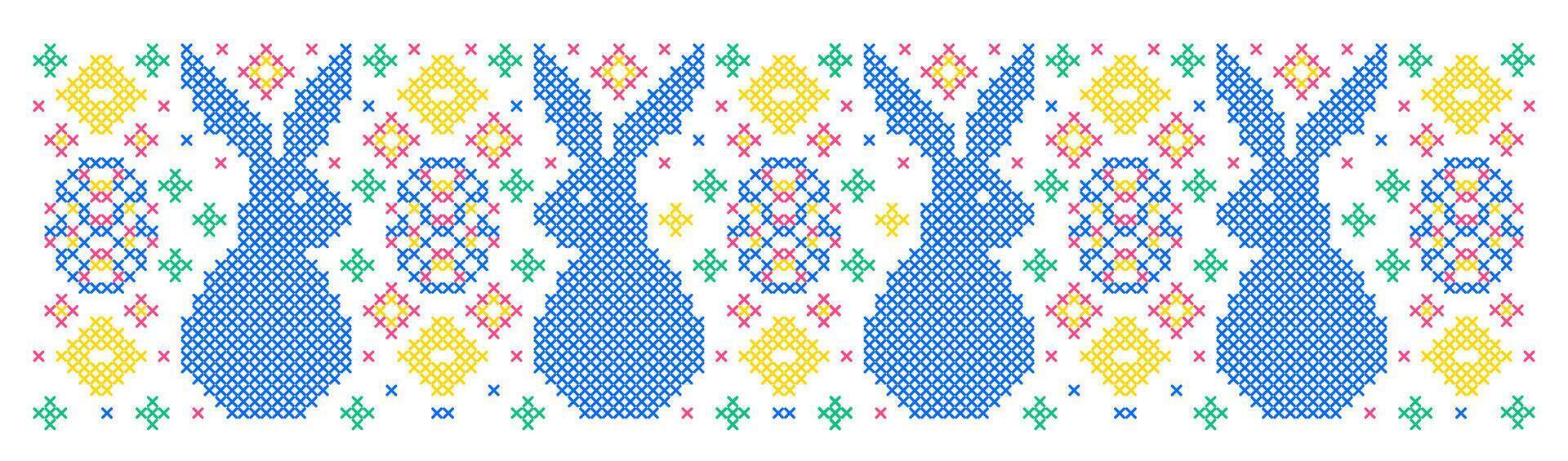 Easter pattern with bunnies and Easter eggs in cross stitch style on white background. vector