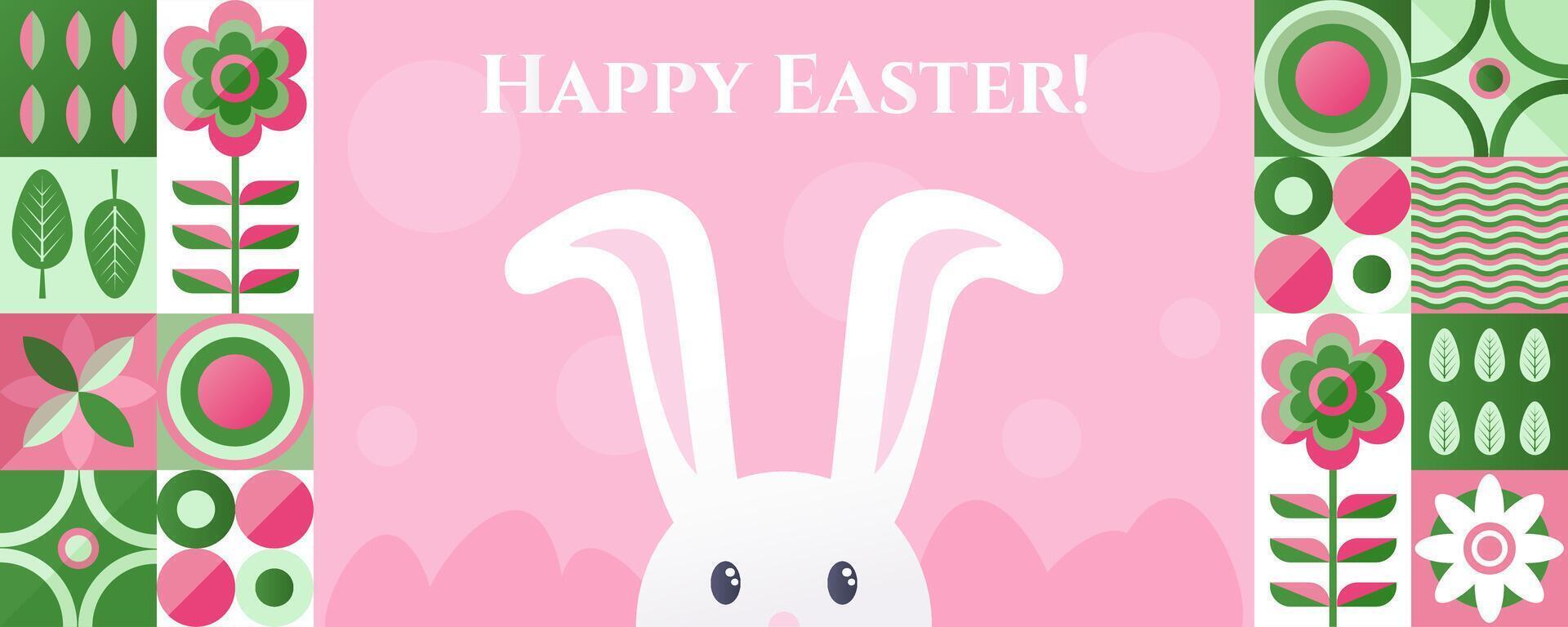 Happy Easter banner with flat graphic elements and symbols of the Holiday, decorated eggs and bunny, plants drawings. Vector illustration with text greeting.