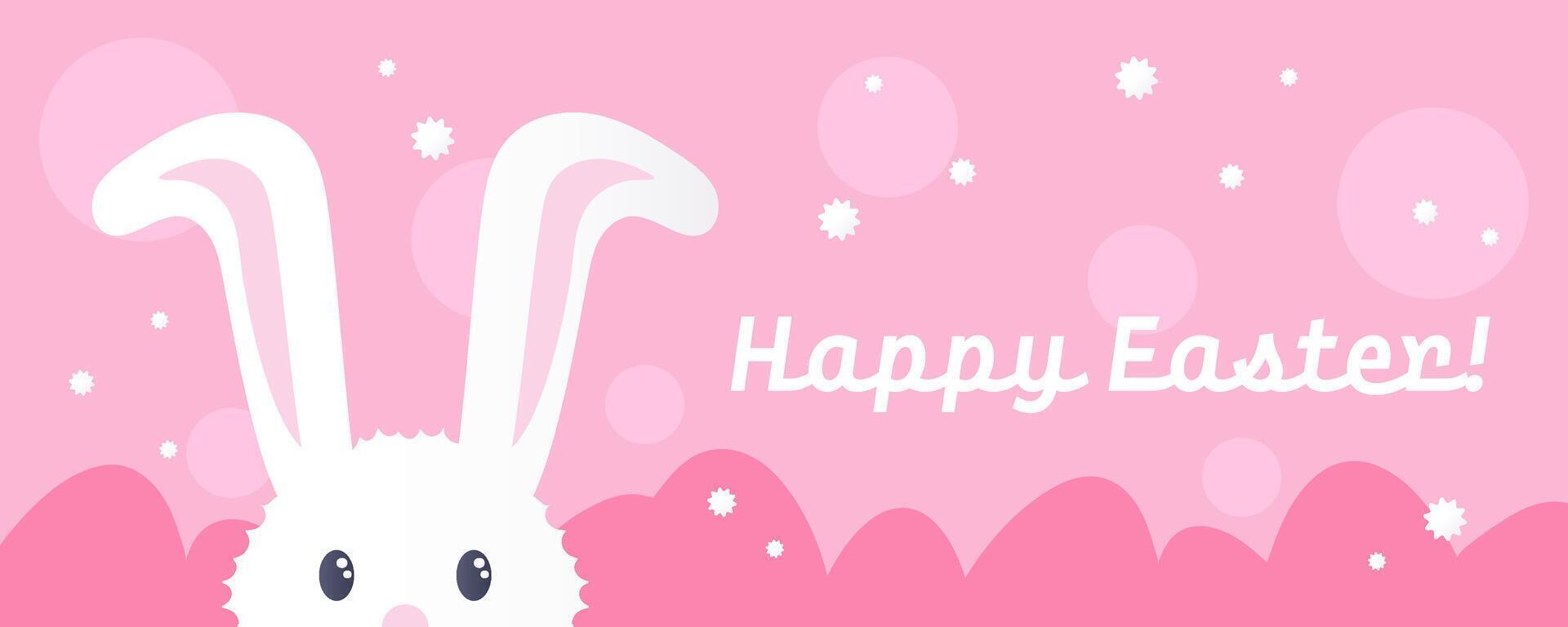 Happy Easter banner with flat graphic elements and symbols of the Holiday, decorated eggs and bunny, plants drawings. Vector illustration with text greeting.