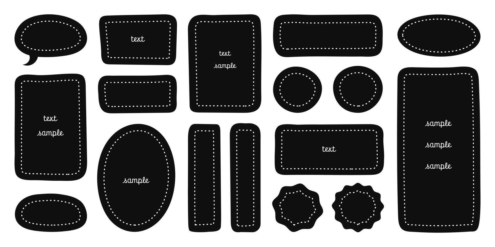Graphic hand drawn black frames with white strokes, backgrounds for texts, backdrop stickers and labels. Vector illustration, design element set.