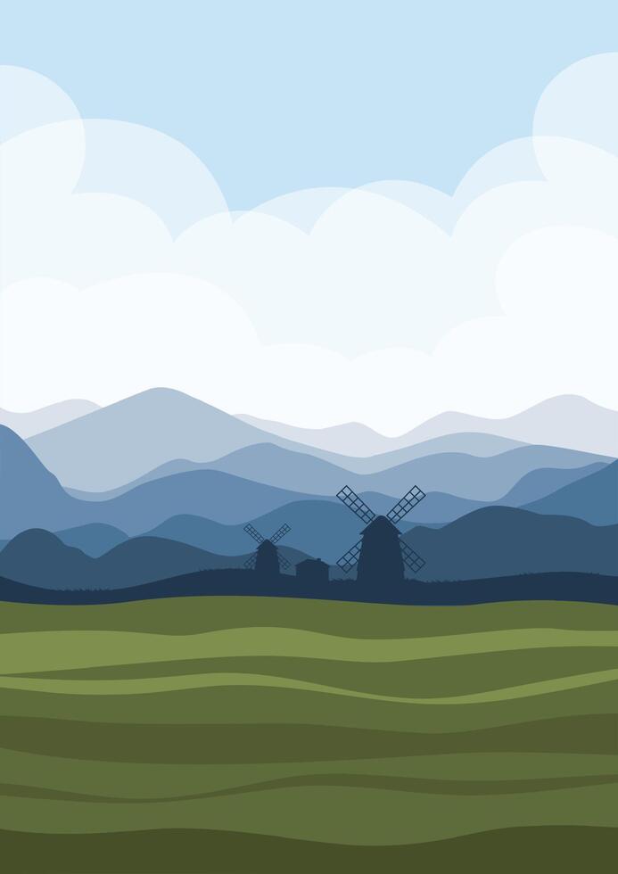 Rural summer landscape with windmills in Holland illustration. Vector illustration of beautiful summer fields