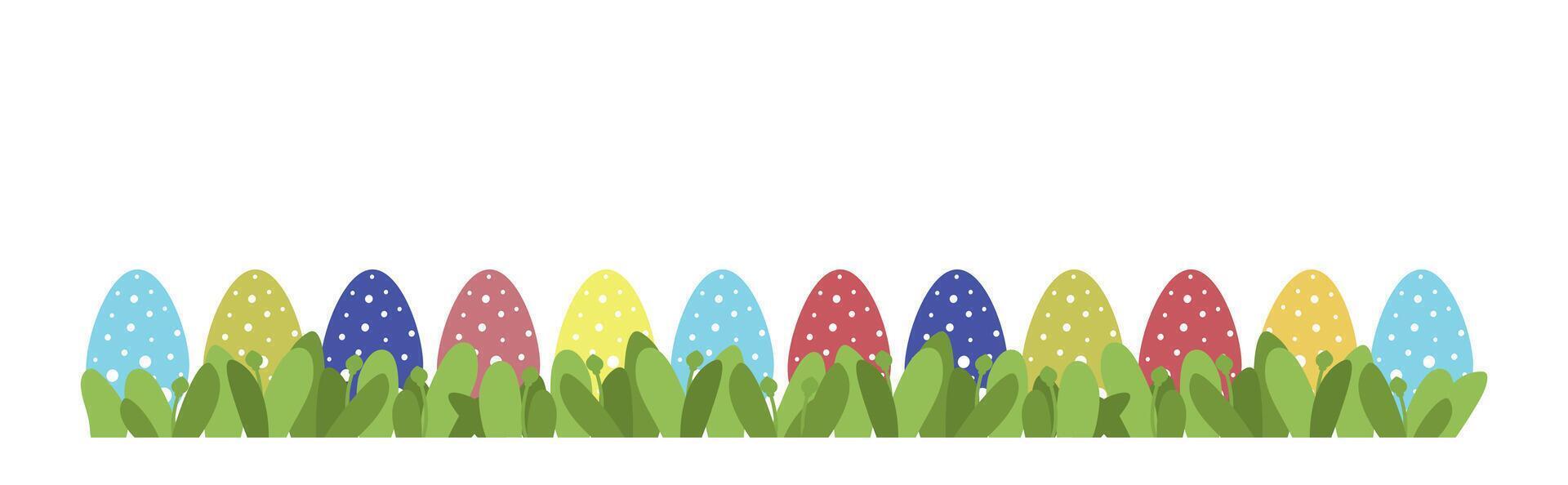 contento Pascua de Resurrección huevos en césped bandera. vistoso Pascua de Resurrección horizontal antecedentes con césped. vector
