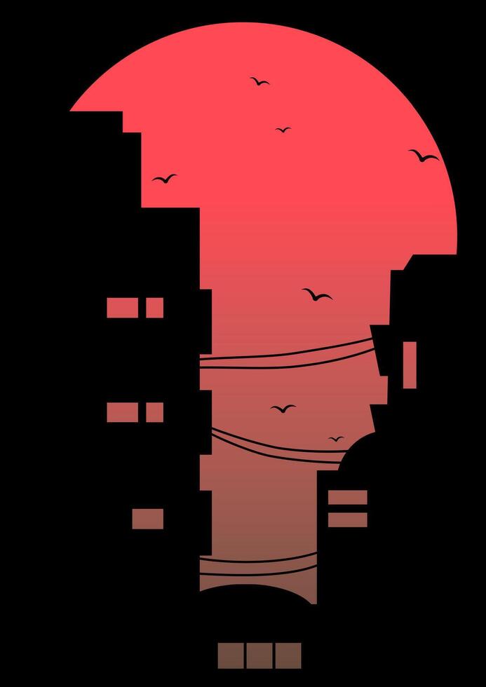 Aesthetic poster illustration with evening cityscape. Modern skyscraper in dusk black art. vector