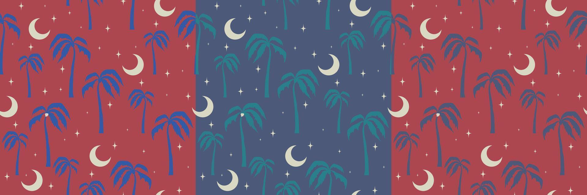 Seamless pattern with palms at night illustration. Minimalist colorful boho art print vector