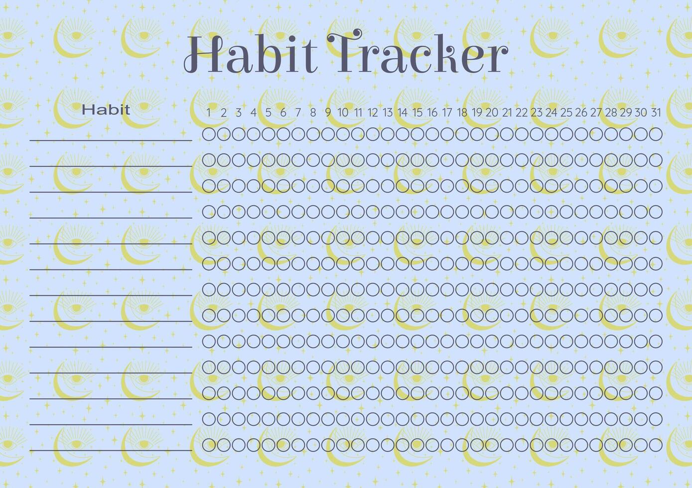 hábito rastreador papelería diseño en azul amarillo colores. mensual planificador blanco modelo con místico ojos y Luna vector
