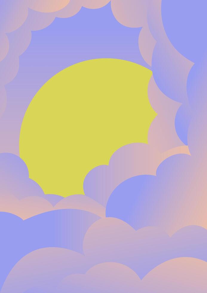 Morning among clouds illustration poster. Beautiful sunrise or sunset in violet cloudscape. vector